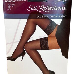 Hanes Silk Reflections Lace Top Thigh Highs Sheer Toe Style 0A444 Size CD Black